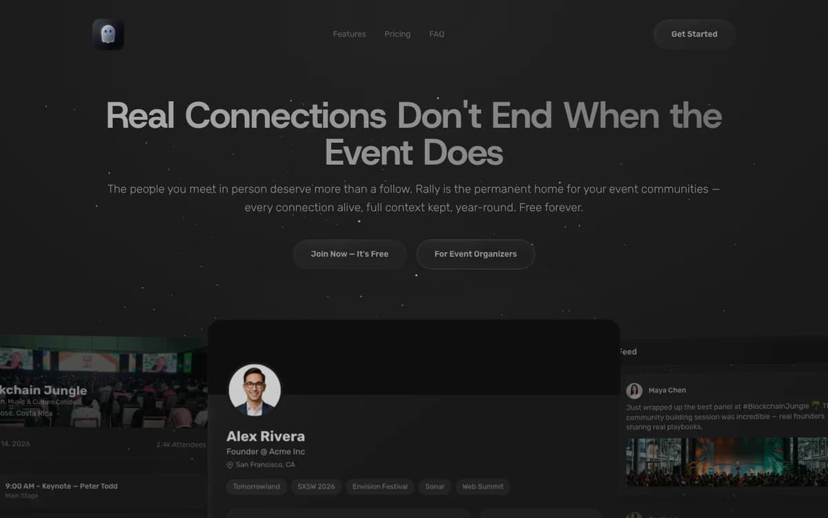 Rally · networking persistente para eventos